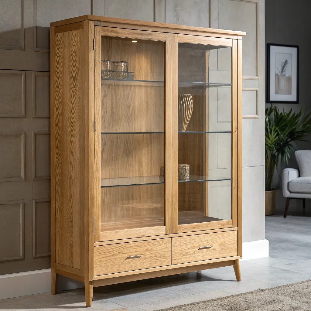 Scandinavian Oak Cabinet with Glass Doors